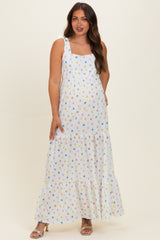 Ivory Floral Tiered Shoulder Tie Maternity Maxi Dress