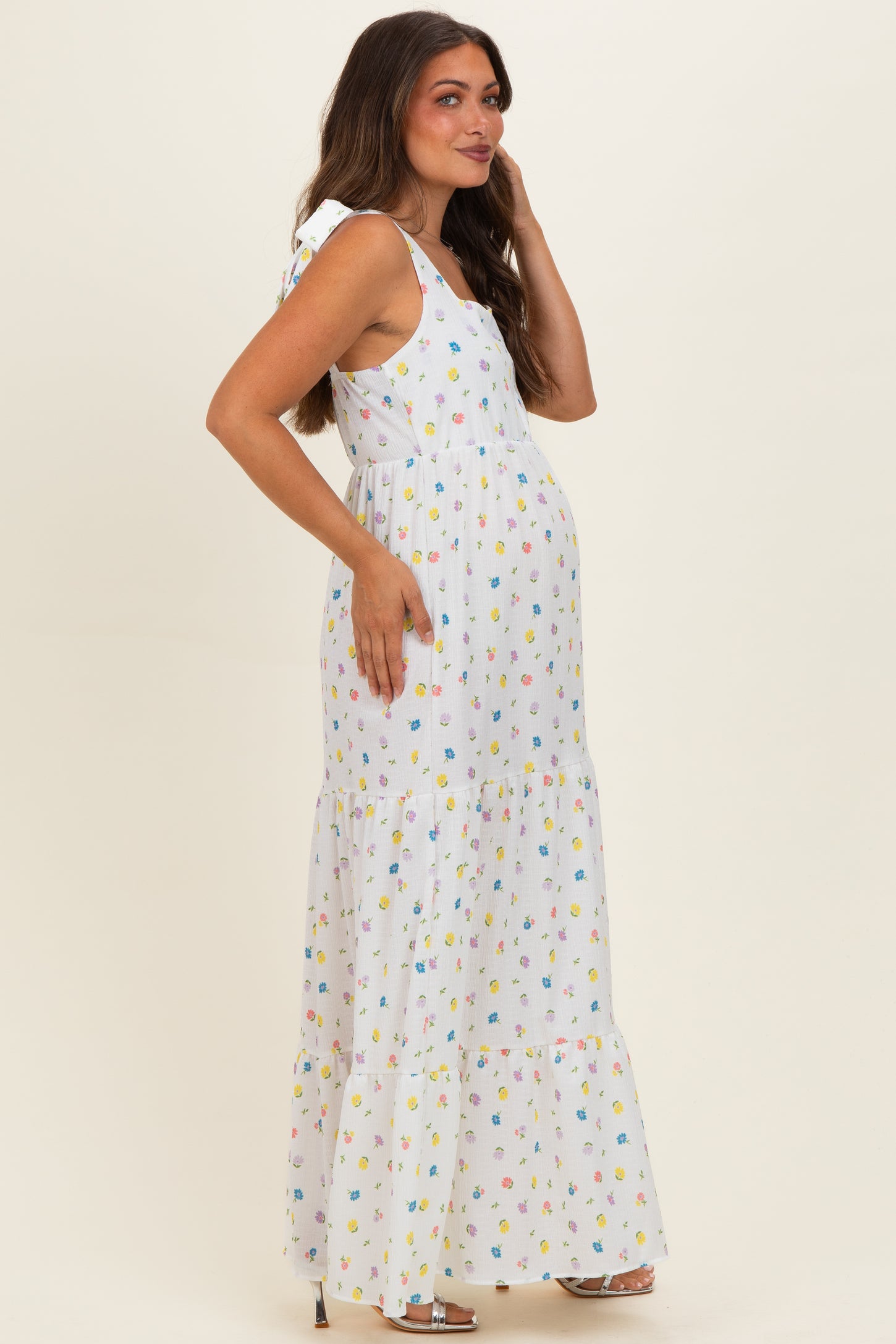 Ivory Floral Tiered Shoulder Tie Maternity Maxi Dress