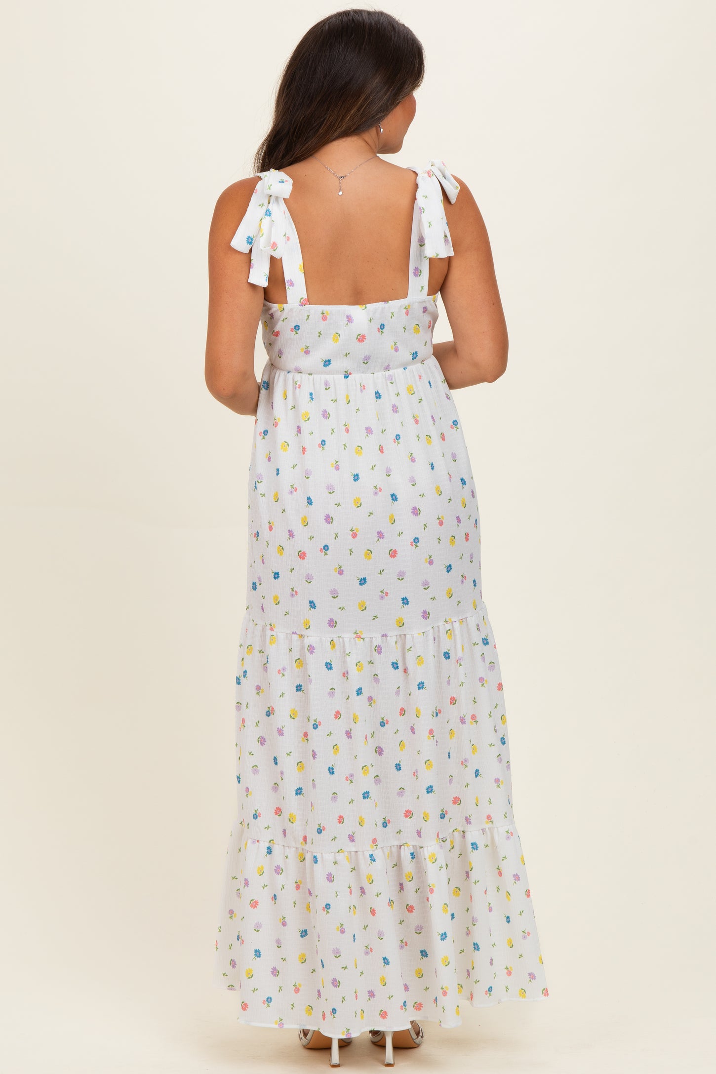 Ivory Floral Tiered Shoulder Tie Maternity Maxi Dress
