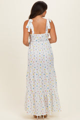 Ivory Floral Tiered Shoulder Tie Maternity Maxi Dress