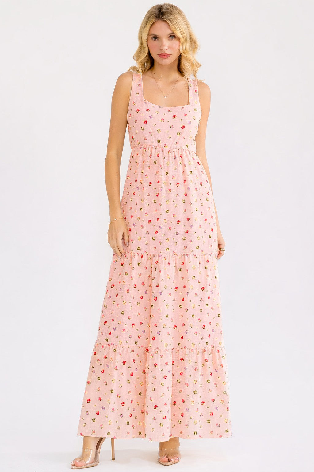 Blush Floral Tiered Shoulder Tie Maxi Dress