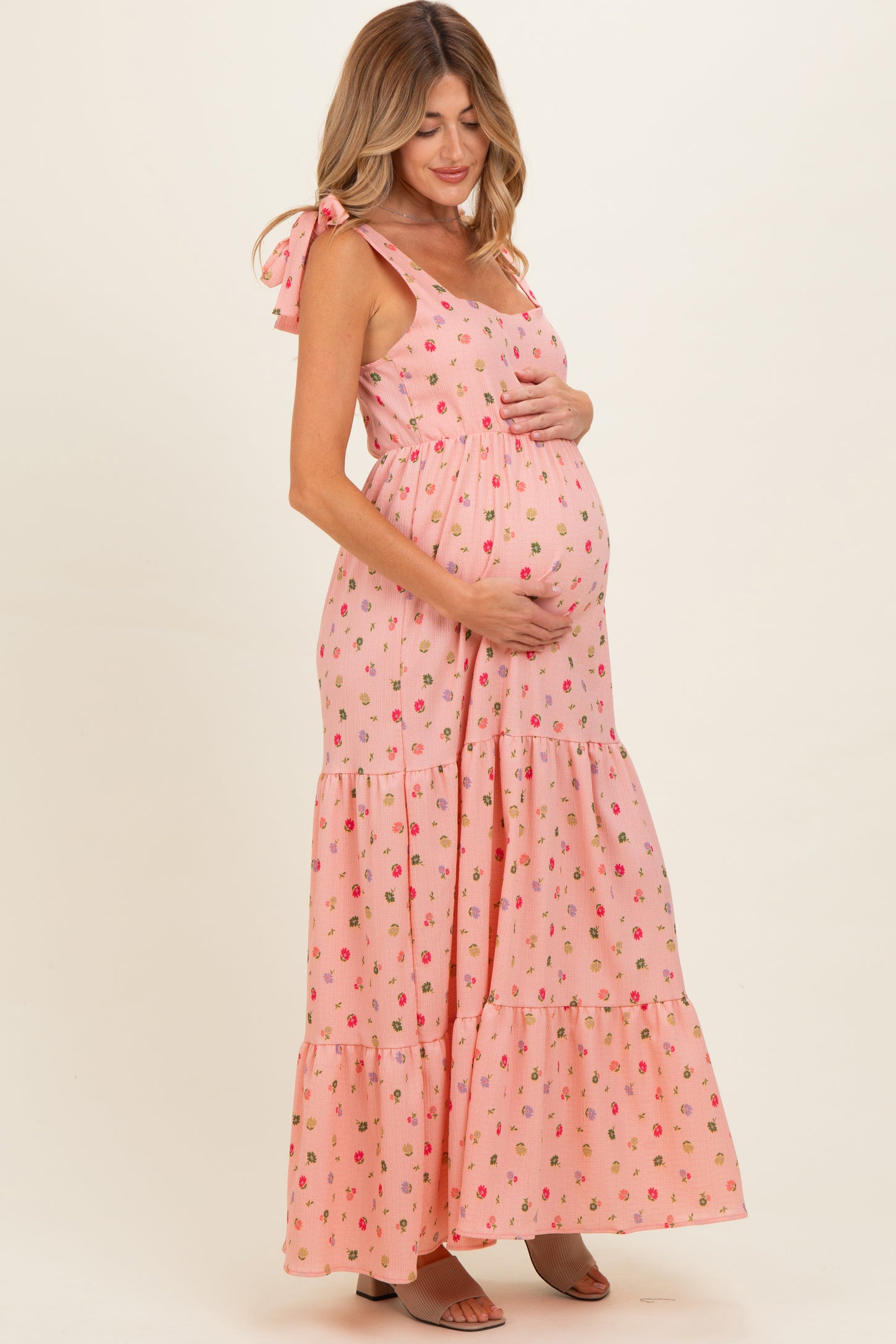 Blush Floral Tiered Shoulder Tie Maternity Maxi Dress