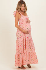 Blush Floral Tiered Shoulder Tie Maternity Maxi Dress