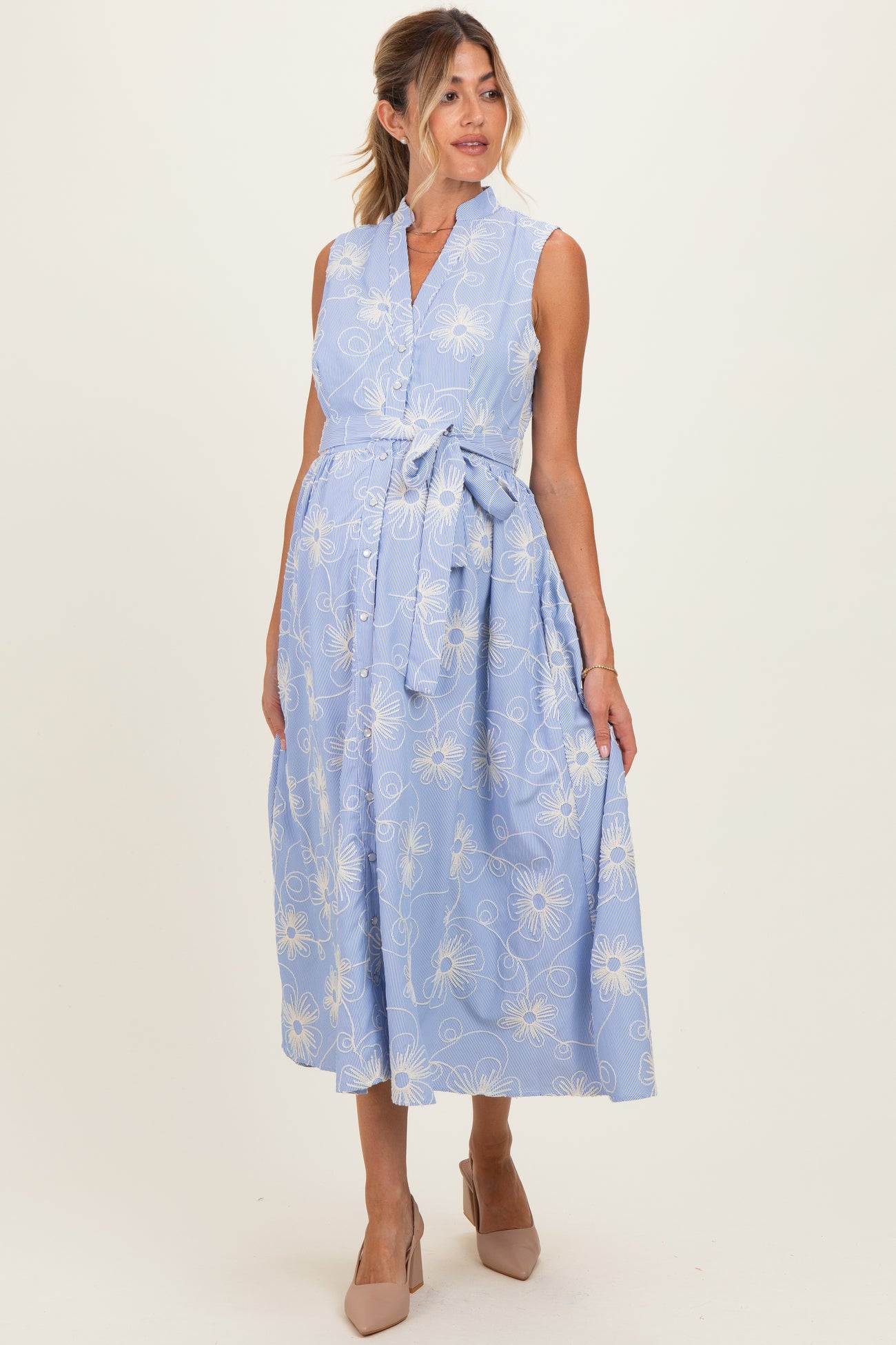 Light Blue Embroidered Sleeveless Maternity Midi Shirt Dress