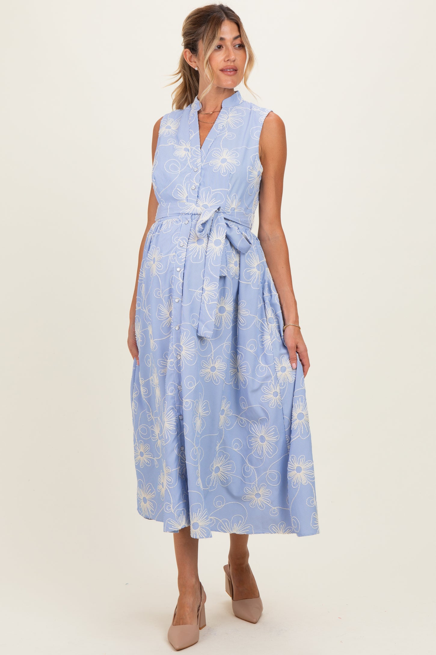 Light Blue Embroidered Sleeveless Maternity Midi Shirt Dress