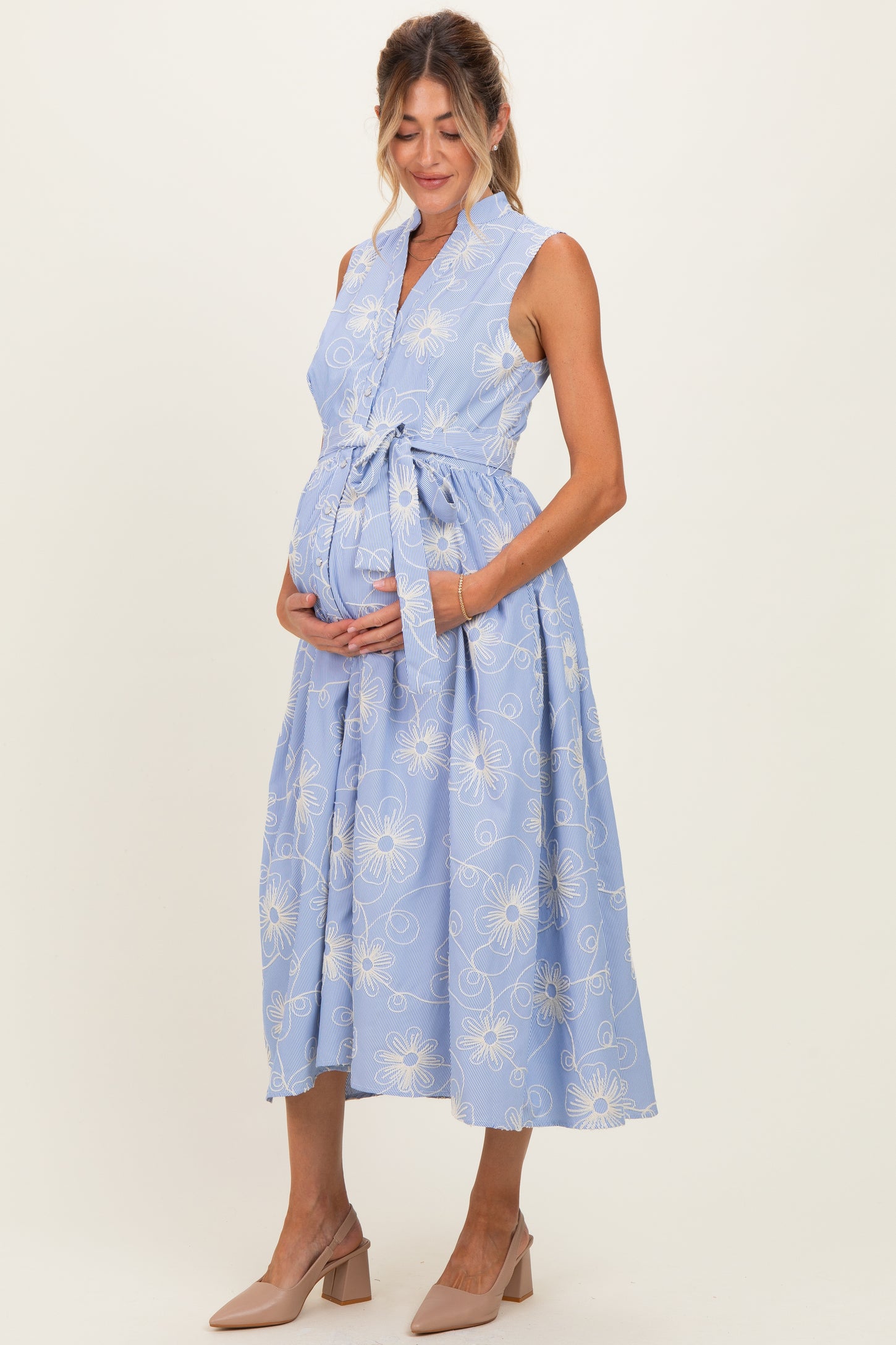 Light Blue Embroidered Sleeveless Maternity Midi Shirt Dress