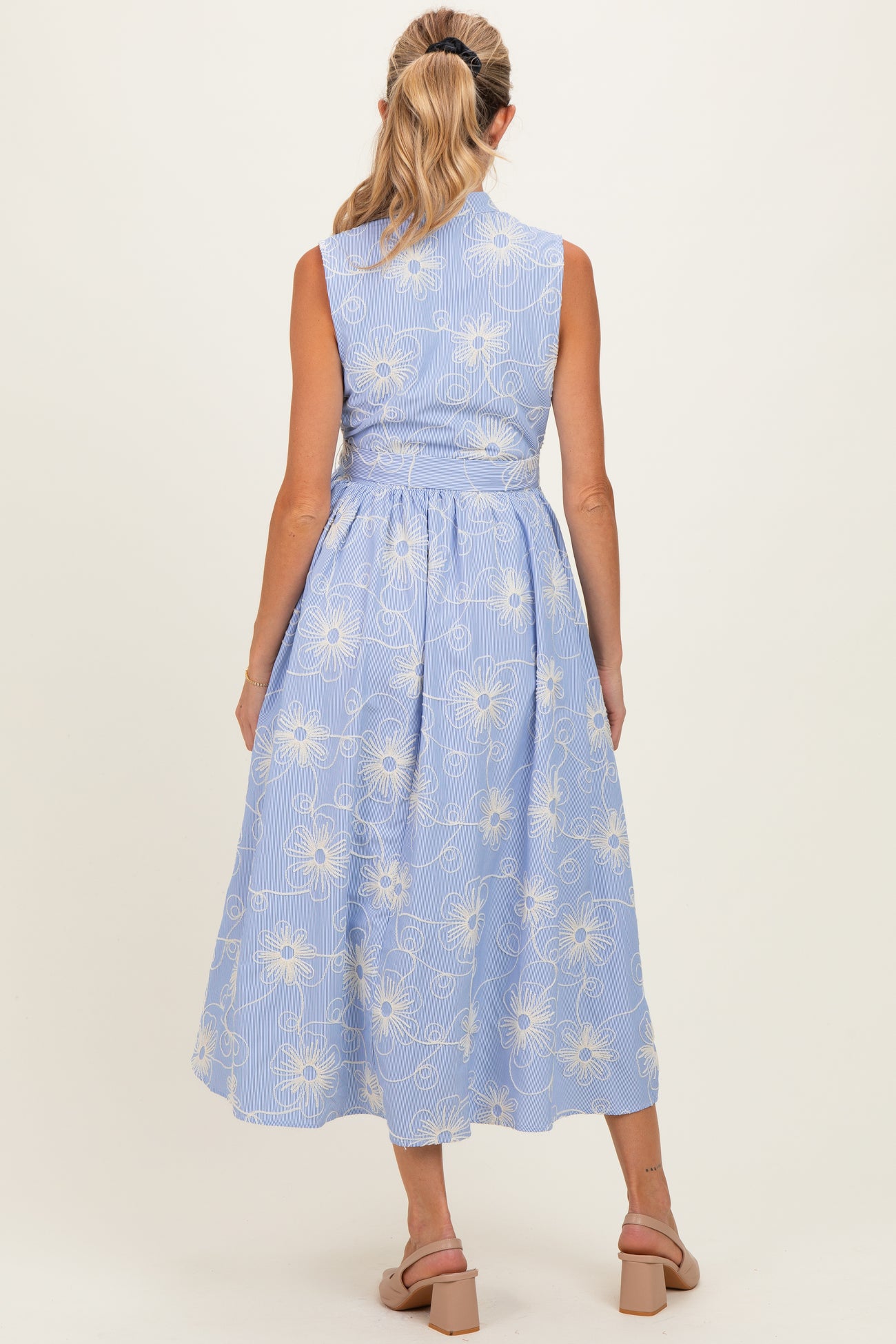 Light Blue Embroidered Sleeveless Maternity Midi Shirt Dress
