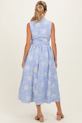 Light Blue Embroidered Sleeveless Maternity Midi Shirt Dress