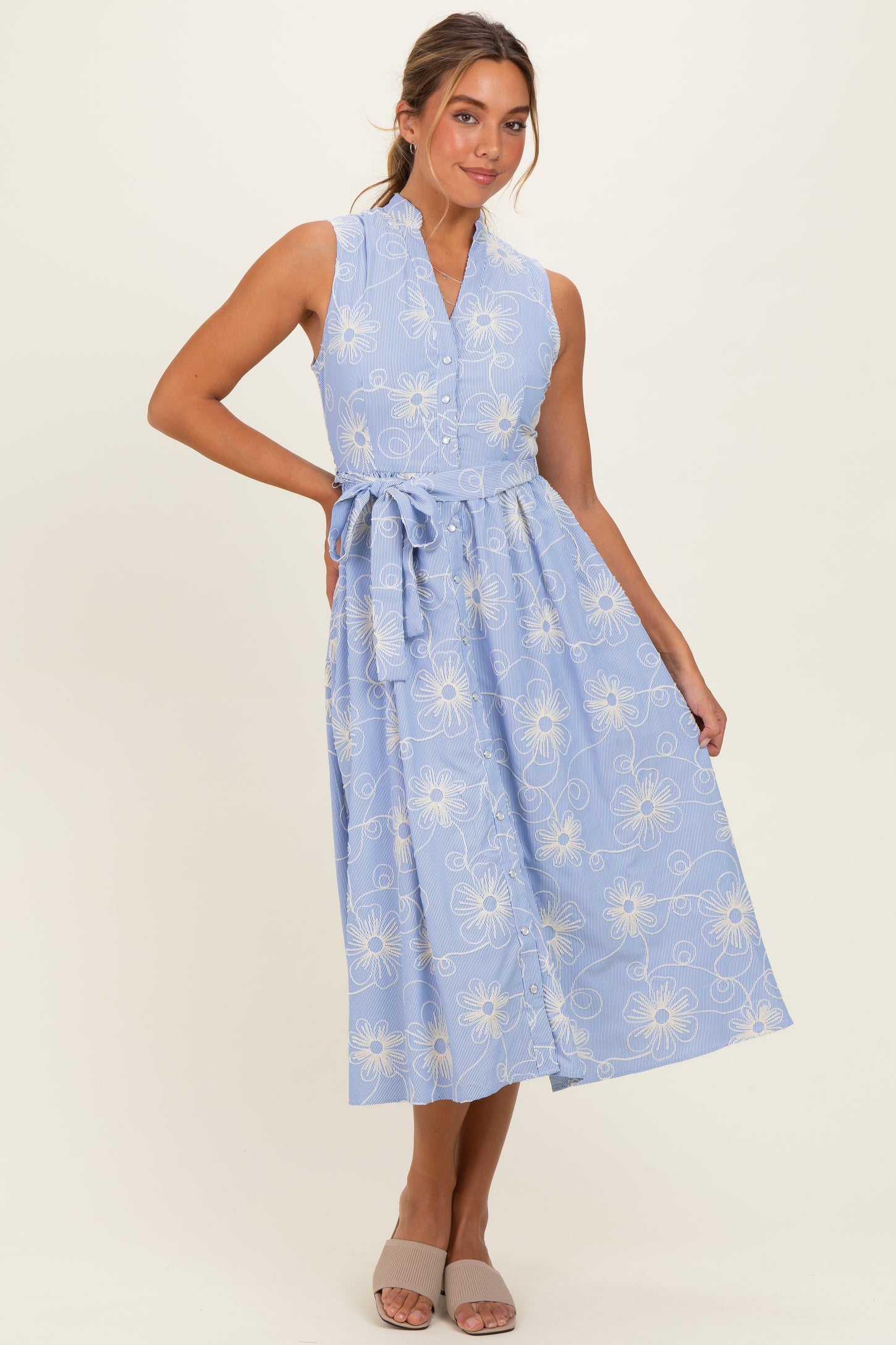 Light Blue Embroidered Sleeveless Midi Shirt Dress