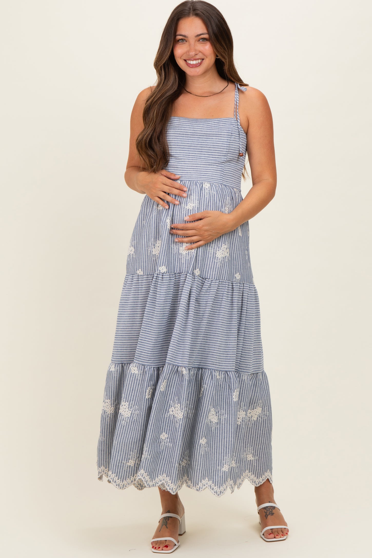 Navy Striped Embroidered Shoulder Tie Maternity Midi Dress