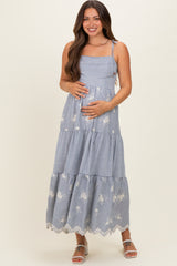 Navy Striped Embroidered Shoulder Tie Maternity Midi Dress