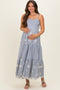 Navy Striped Embroidered Shoulder Tie Maternity Midi Dress