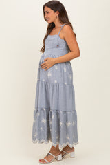 Navy Striped Embroidered Shoulder Tie Maternity Midi Dress