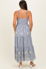 Navy Striped Embroidered Shoulder Tie Maternity Midi Dress