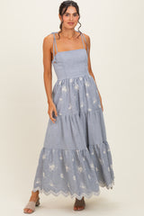 Navy Striped Embroidered Shoulder Tie Maternity Midi Dress
