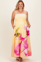 Light Yellow Floral Strapless Maternity Plus Maxi Dress