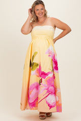Light Yellow Floral Strapless Maternity Plus Maxi Dress