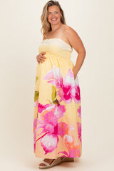 Light Yellow Floral Strapless Maternity Plus Maxi Dress