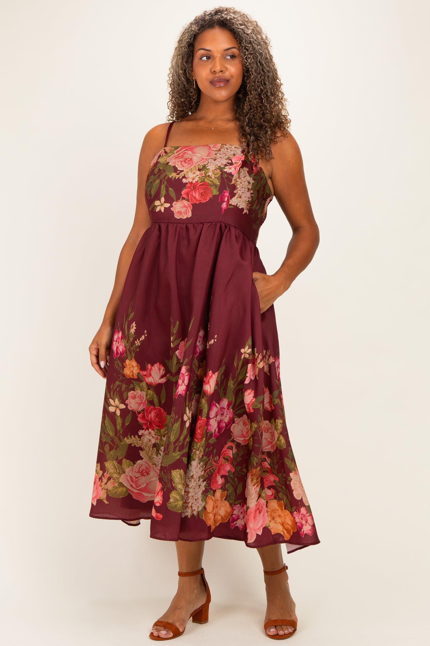 Burgundy Floral Thin Strap Plus Maxi Dress