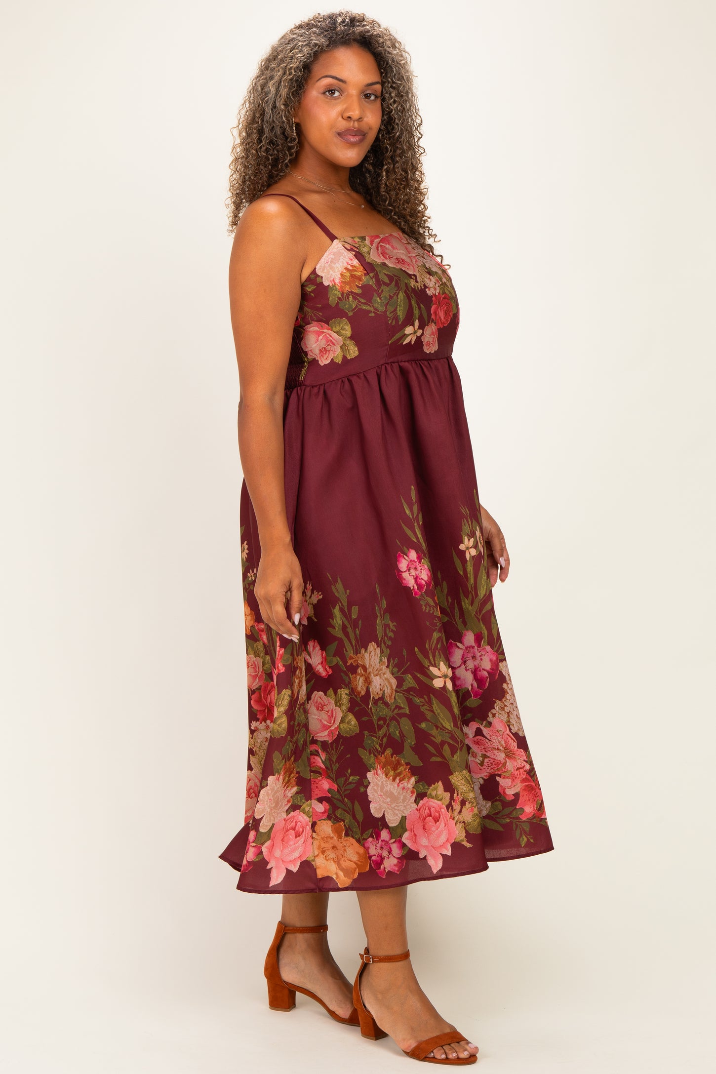 Burgundy Floral Thin Strap Plus Maxi Dress