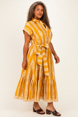 Mustard Damask Print Plus Midi Shirt Dress