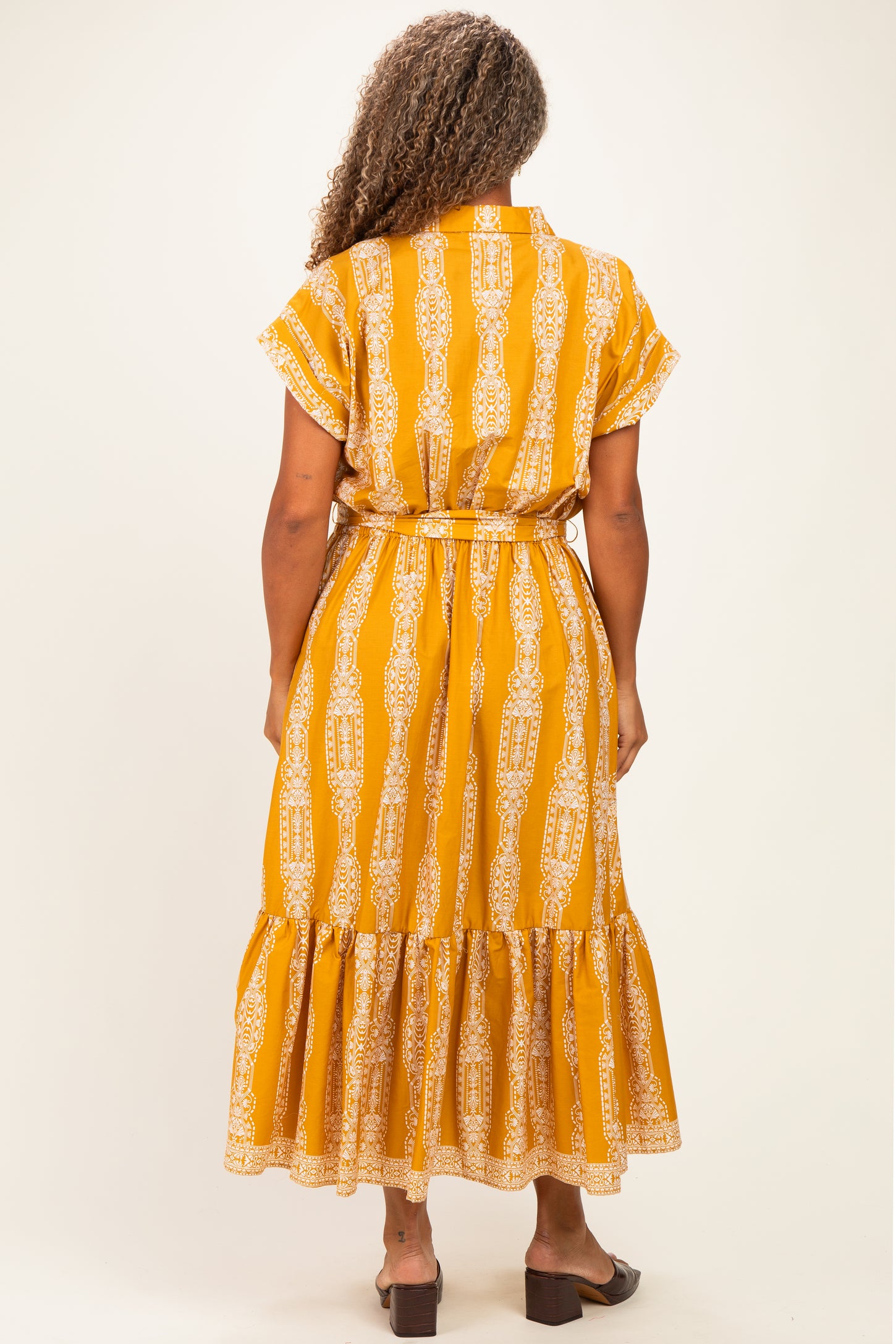Mustard Damask Print Plus Midi Shirt Dress