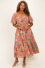 Pink Floral Smocked Puffed Sleeve Maternity Plus Midi Dress