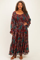 Wine Paisley Smocked Tiered Maternity Plus Maxi Dress