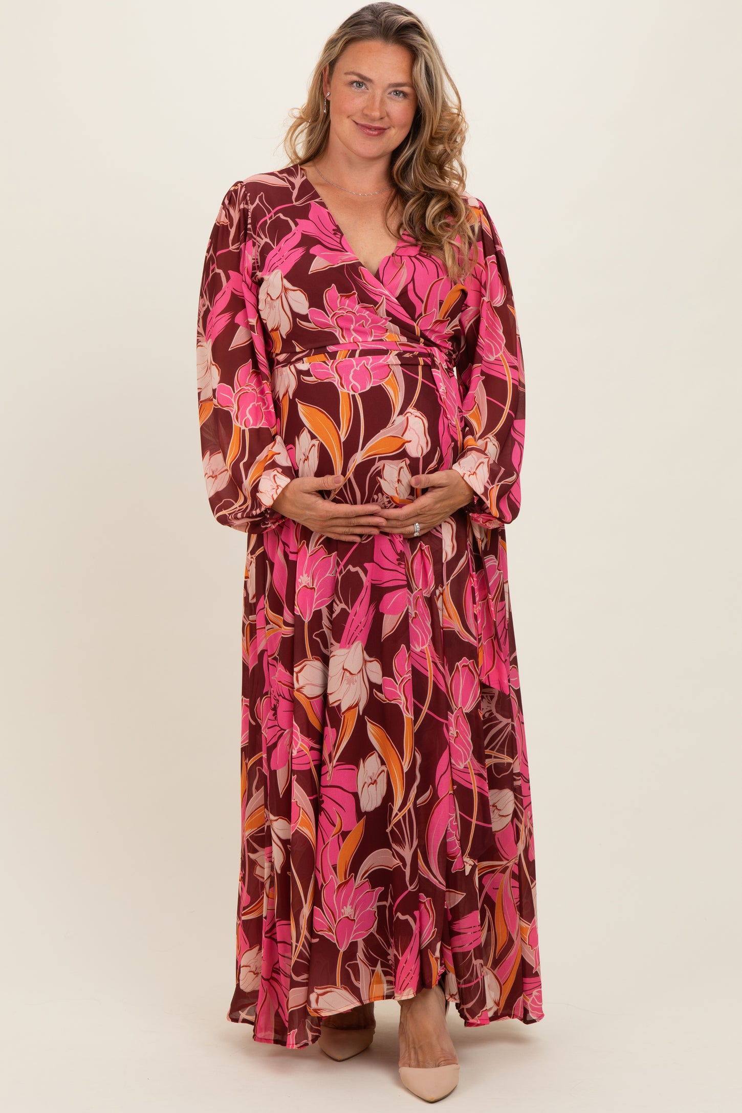 Burgundy Floral Deep V-Neck Maternity Plus Maxi Dress