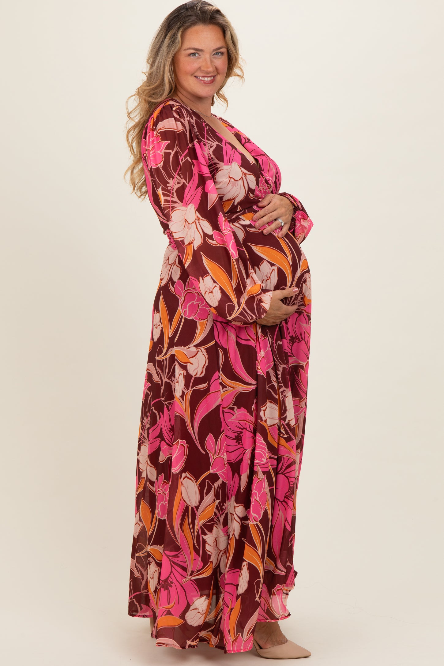 Burgundy Floral Deep V-Neck Maternity Plus Maxi Dress
