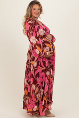 Burgundy Floral Deep V-Neck Maternity Plus Maxi Dress