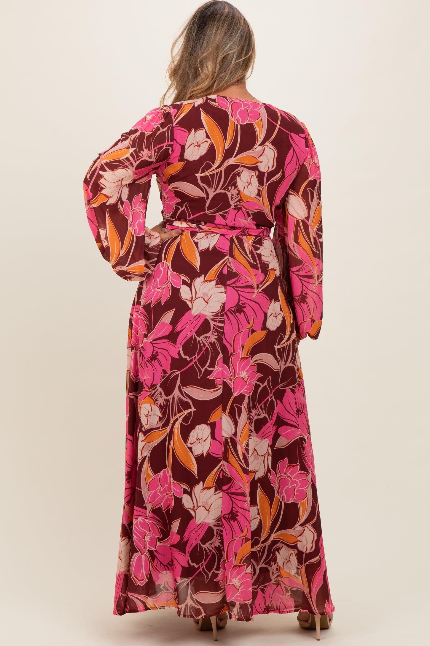 Burgundy Floral Deep V-Neck Maternity Plus Maxi Dress