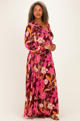 Burgundy Floral Deep V-Neck Plus Maxi Dress