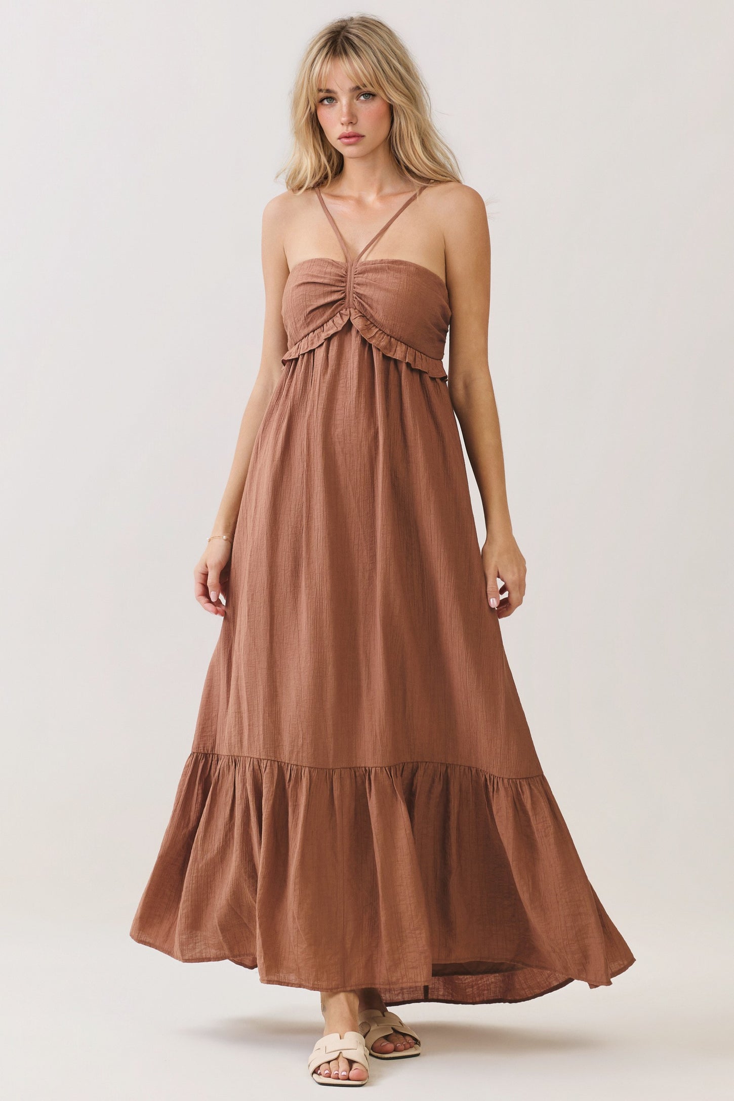 Amber Brown Halter Neck Tiered Cutout Maxi Dress