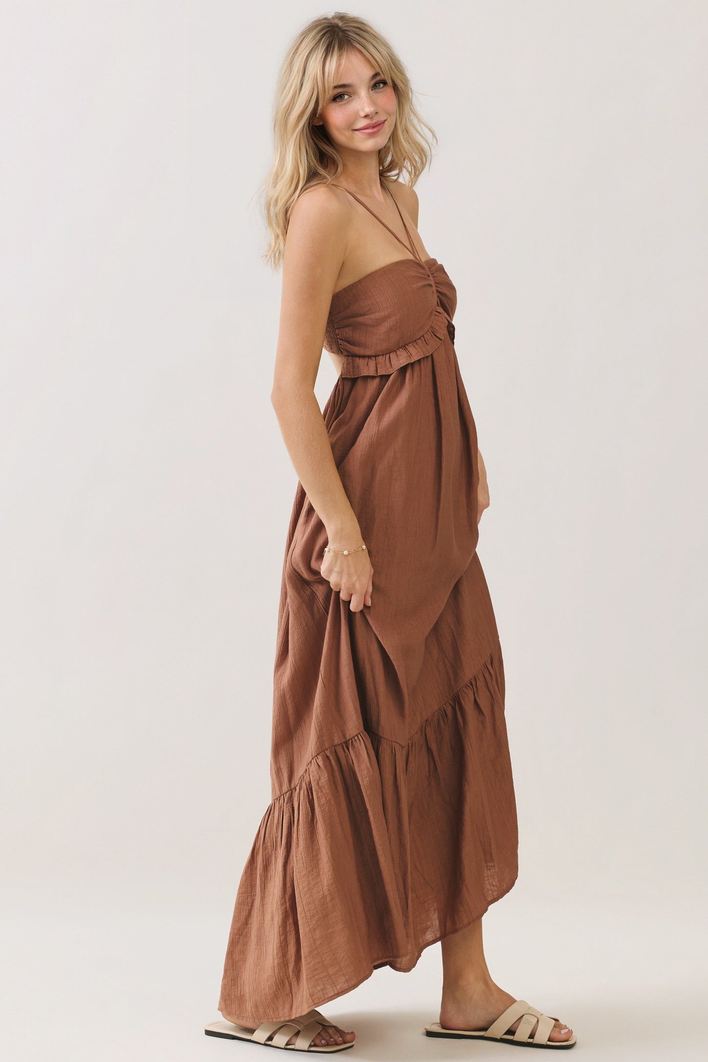 Amber Brown Halter Neck Tiered Cutout Maxi Dress