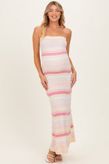 Pink Multi Striped Strapless Flare Maternity Maxi Dress