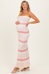 Pink Multi Striped Strapless Flare Maternity Maxi Dress
