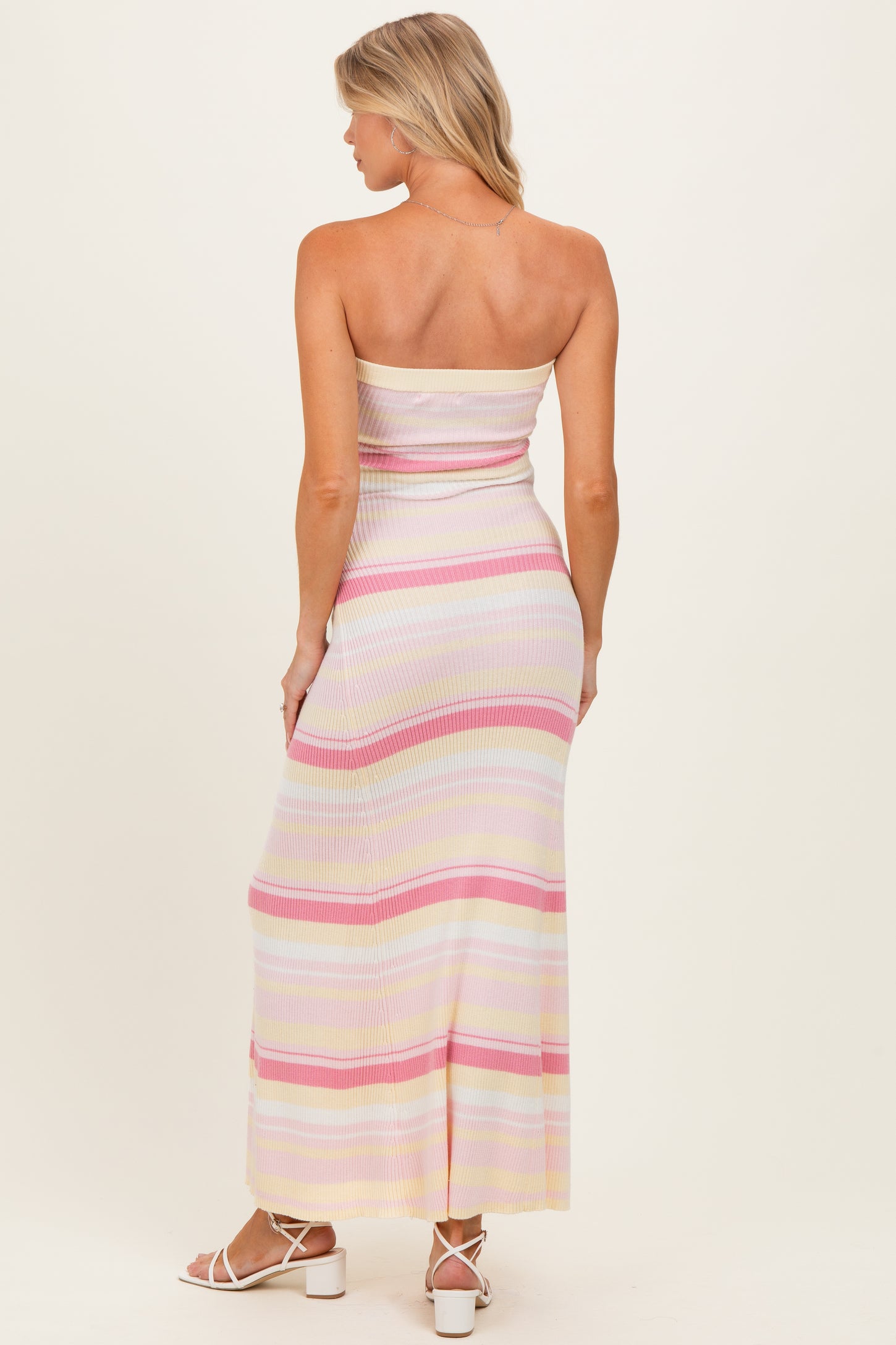 Pink Multi Striped Strapless Flare Maternity Maxi Dress