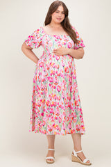 Pink Floral Square Neck Babydoll Plus Maxi Dress