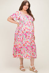 Pink Floral Square Neck Babydoll Plus Maxi Dress