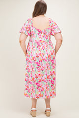 Pink Floral Square Neck Babydoll Plus Maxi Dress