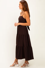 Brown Tiered Cutout Tie Back Midi Dress