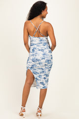 Blue Floral Mesh Ruched Crossback Maternity Midi Dress