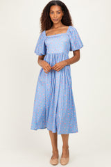Light Blue Floral Bubble Short Sleeve Babydoll Maternity Dress