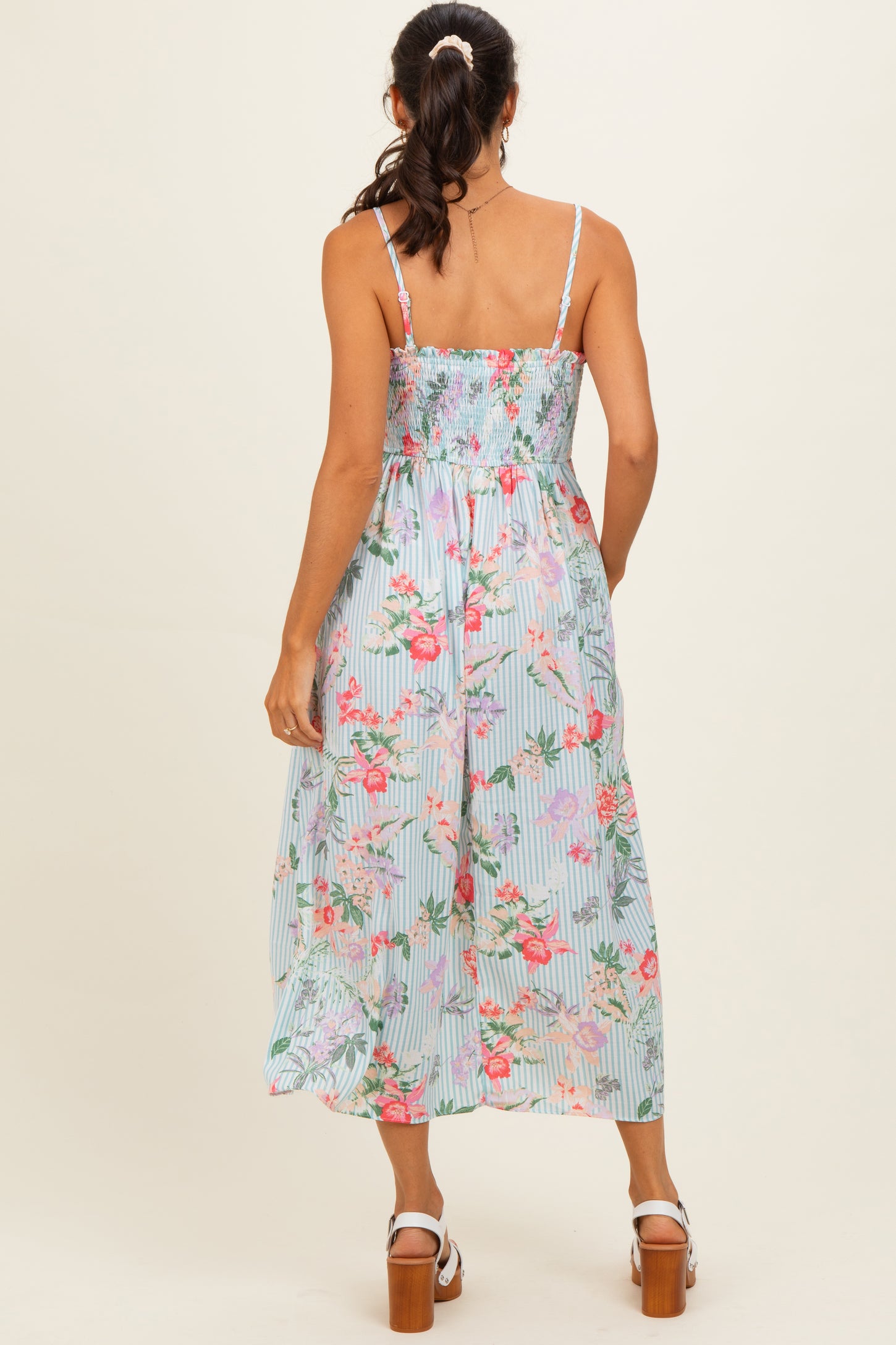Aqua Multi Floral Print Smocked Chest Maxi Dress