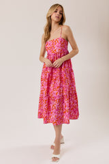 Fuchsia Floral Sleeveless Tiered Midi Dress