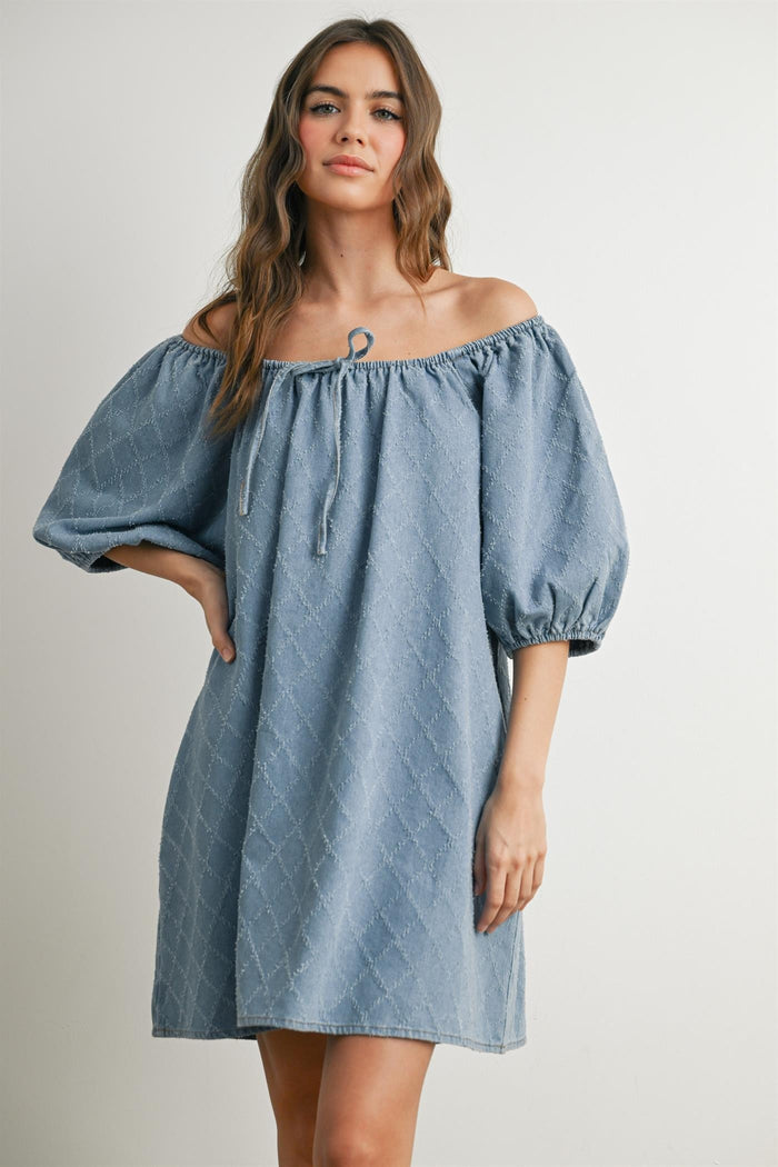 Light Blue Chambray Jacquard Puff Sleeve Maternity Mini Dress