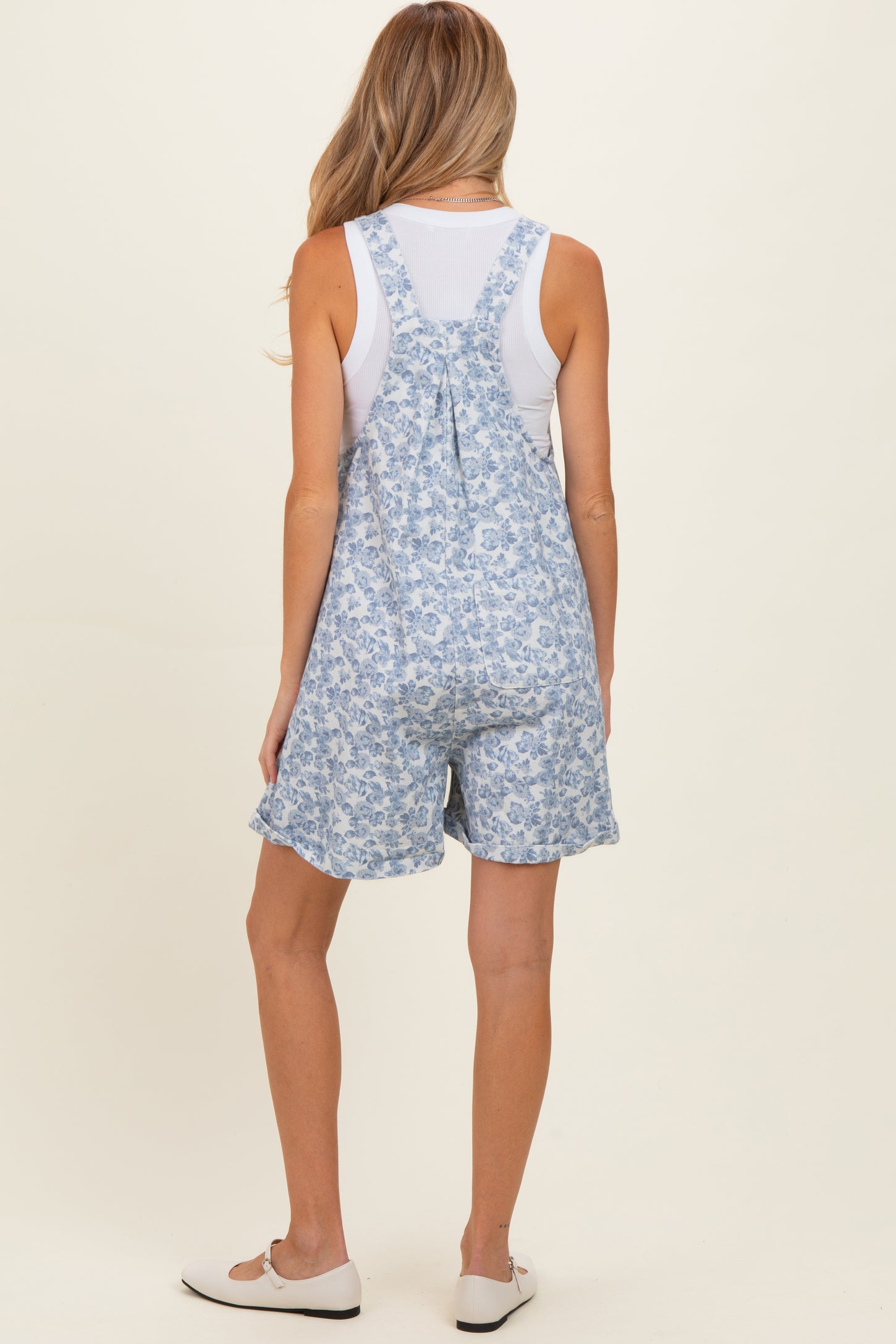 Denim Blue Floral Maternity Short Overalls