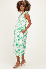 Green Floral Button Detail Maternity Midi Dress