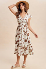 Brown Floral Button Detail Midi Dress
